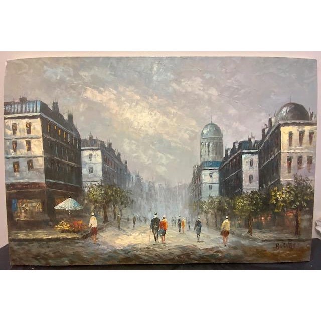 This artwork is an impressionist oil painting of a Parisian Street scene signed by Burnett in the lower left corner. It's...