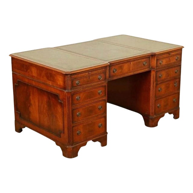 Twin Pedestal Desk with Green Leather Top by E. G. Hudson For Sale