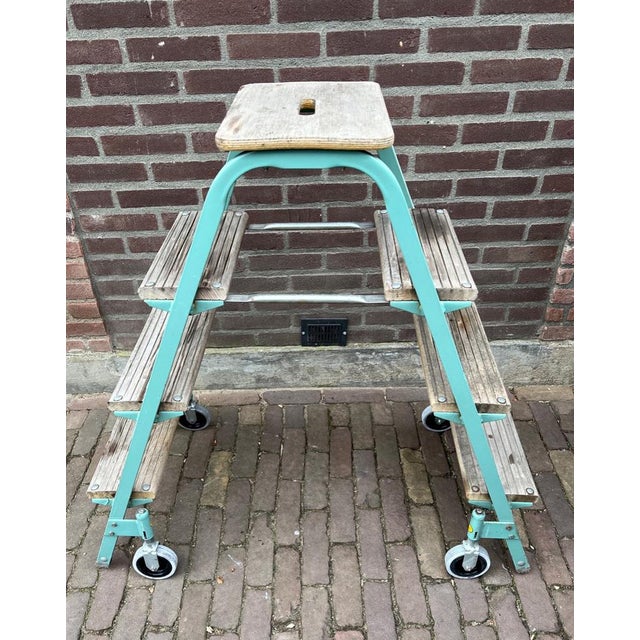 Wood Industrial Rolling Step Ladder Stool, 1970s For Sale - Image 7 of 17