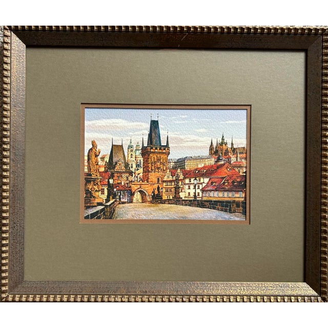 Realism Vintage Watercolor of the Charles Bridge in Prague For Sale - Image 3 of 5