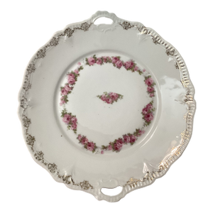 1950s Elite Handled Porcelain Cake Plate With Roses, Garland, and Gold Trim