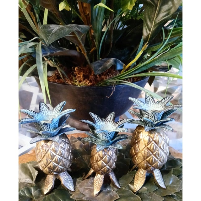 1990s Vintage Brass Cast Iron Graduated Pineapple Candle Stick Holders- Set of 3 For Sale - Image 5 of 8