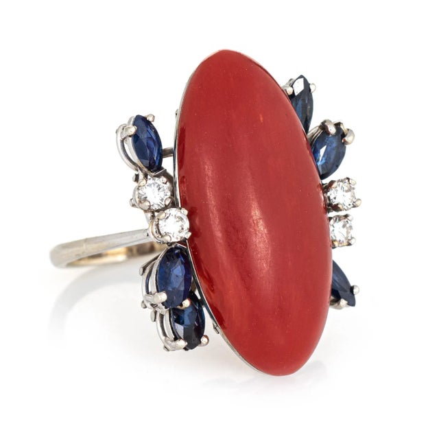 Modern Sardinian Red Coral Sapphire Diamond Ring Vintage 18 Karat Gold Fine Cocktail size 5.5 For Sale - Image 3 of 6