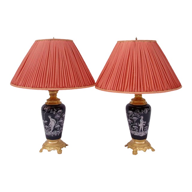 Antique Gilt Bronze & Black Enameled Opaline Lamps, Set of 2 For Sale