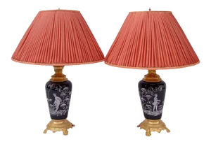 Antique Gilt Bronze & Black Enameled Opaline Lamps, Set of 2