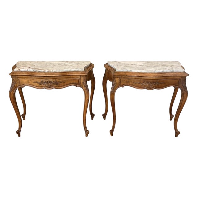 1940s Pair of French Louis XV Style Wood Side Tables With Marble Tops For Sale