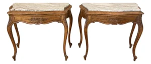 1940s Pair of French Louis XV Style Wood Side Tables With Marble Tops