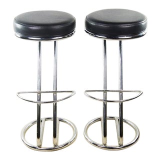 Mid-Century Modern Round Seat Black Leather Barstools With Chrome Base - a Pair For Sale
