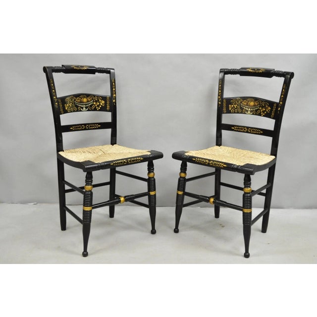 Vintage Nichols & Stone Hitchcock Harvest Stencil Painted Black Side Chairs - a Pair. Circa Mid 20th Century....
