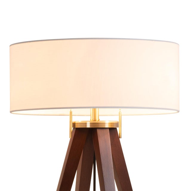 Quattro Table Lamp - Dark Walnut Wood Finish & Weathered Brass, White Linen Shade For Sale - Image 4 of 10