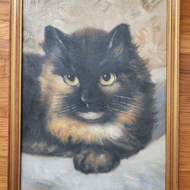 A beautiful oil on canvas portrait of a tortoiseshell cat. Framed. unsigned.