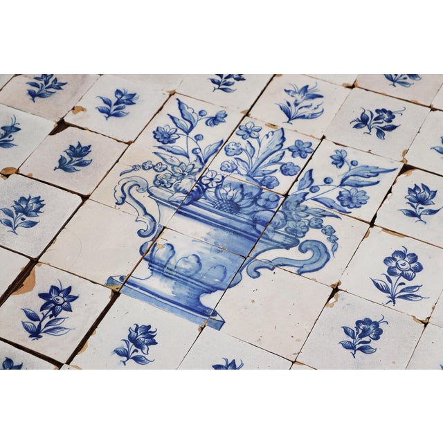 Antique Large Tiles Mural Panel, Blue & White Flowers and Vases, Portuguese, 18th Century For Sale - Image 9 of 18
