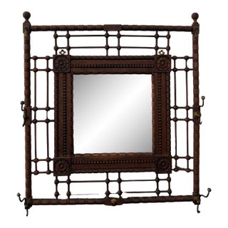 1890s Tramp Art Mirror With Brass Hooks For Sale
