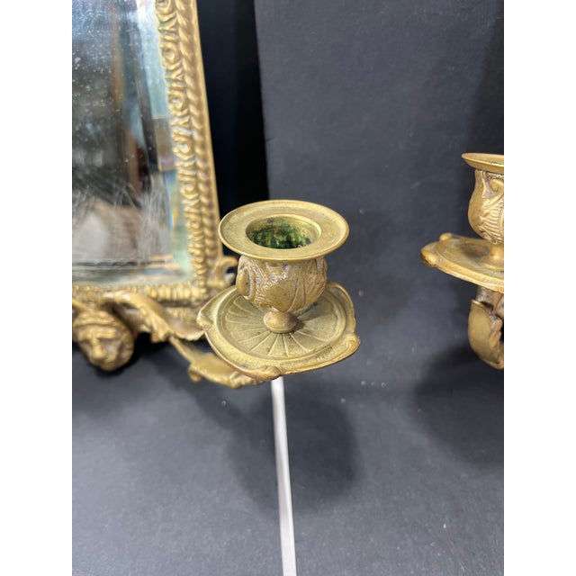Classical Roman Pair of Antique Bronze Lion Head Figural Mirrored Candle Sconces For Sale - Image 3 of 8