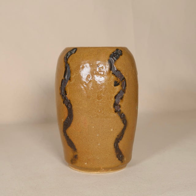 Organic Wheel Thrown Wood-Fired Stoneware Vase With Snake-Like Raised Surface Lines For Sale - Image 10 of 15