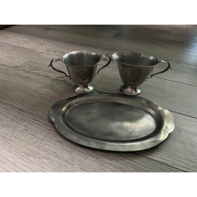 1940s Antique Genuine Pewter Cream & Sugar Set W/ Serving Tray. All 3 Pieces Are Stamped W/ Their Catalog Production Numbers: (352, 357, 848) by Kirk Stieff For Sale - Image 5 of 6