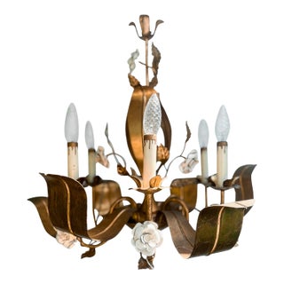 Mid-Century Italian Tole Chandelier With Sculpted Roses For Sale