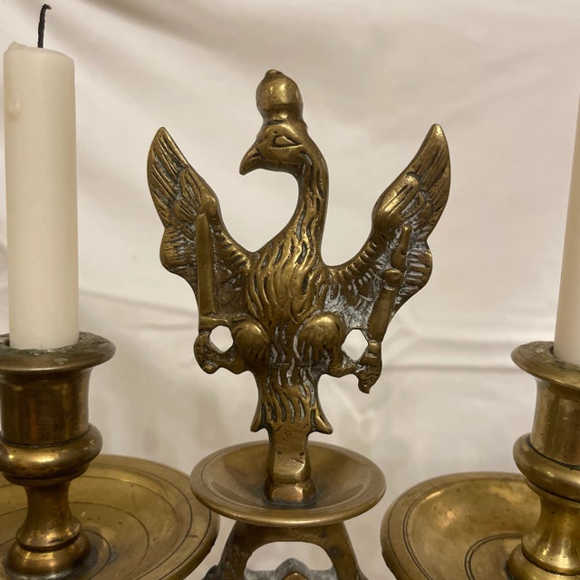 Mid 1700s Duchy of Warsaw Polish Brass 4 light Candelabra. Possibly Judaica. Central cup supports a figural eagle with...