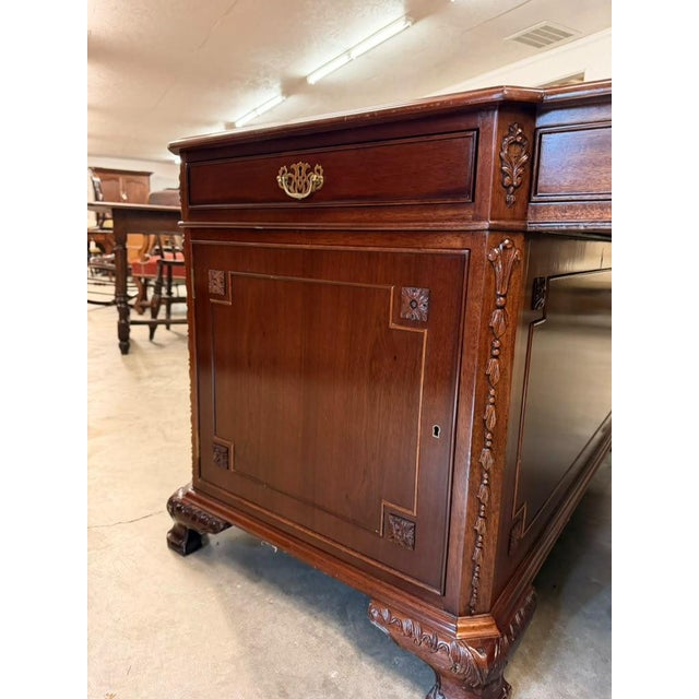 Mid-20th Century Chippendale Style Mahogany Partners Executive Desk With Embossed Leather Top, Circa 1950s For Sale - Image 4 of 18