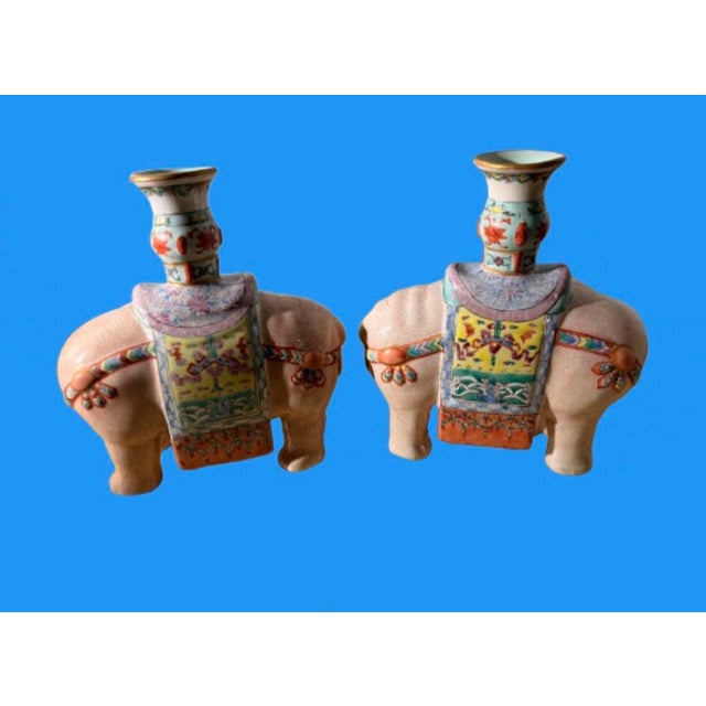Hollywood Regency Pair of Chinese Export Famille Rose of Enameled Elephant Candlestick or Josh Sticks, Early 20th C. For Sale - Image 4 of 10