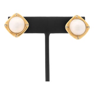 Modernist Mabe Pearl and Diamond 14k Yellow Gold Earrings For Sale