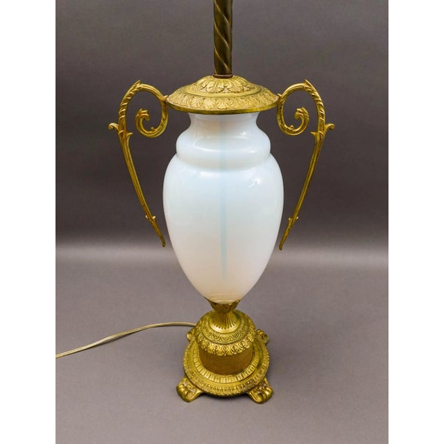 Metal Mid 20th Century French Gold Ormolu Gilt Bronze Opaline Opalescent Glass Table Lamp For Sale - Image 7 of 8