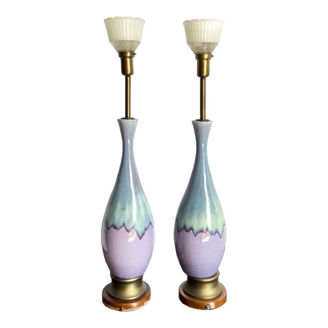 Mid Century Modern Lilac and Sky Blue Glazed Ceramic Table Lamps - A Pair For Sale