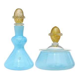 Vintage Murano Blue Ribbons Gold Flecks Italian Art Glass Perfume Bottle Powder Box Vanity Set For Sale