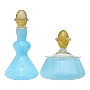 Vintage Murano Blue Ribbons Gold Flecks Italian Art Glass Powder Box Perfume Bottle Vanity Set