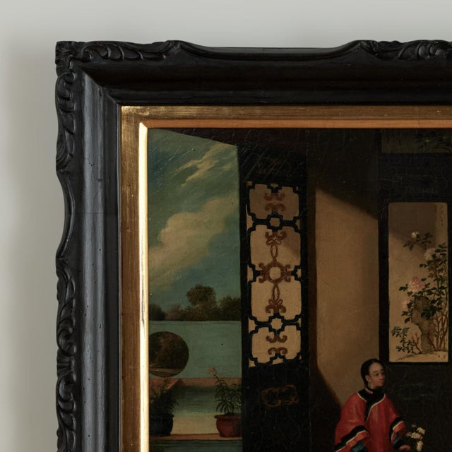 19th century Chinese school oil painting on canvas of scholars in an interior scene. Presented in a parcel gilt ebonized...