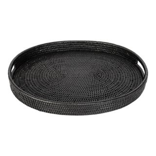 Artifacts Rattan Oval Tray With Cutout Handles in Tudor Black - 18" For Sale