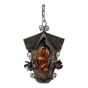 Mid 20th Century Black Birdhouse Lantern With Amber Blown Glass