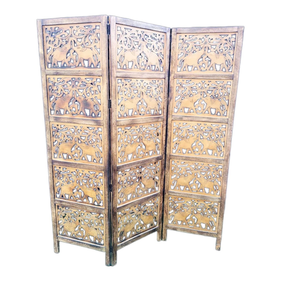 Vintage Carved Wood Elephant 3 Panel Folding Floor Screen Room Divider