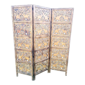 Vintage Carved Wood Elephant 3 Panel Folding Floor Screen Room Divider