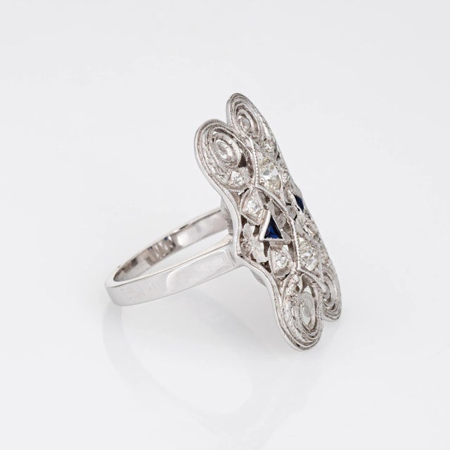 Art Deco Vintage Art Deco Diamond Sapphire Ring 14k White Gold Filigree 6 Dinner Jewellery size 6 For Sale - Image 3 of 7