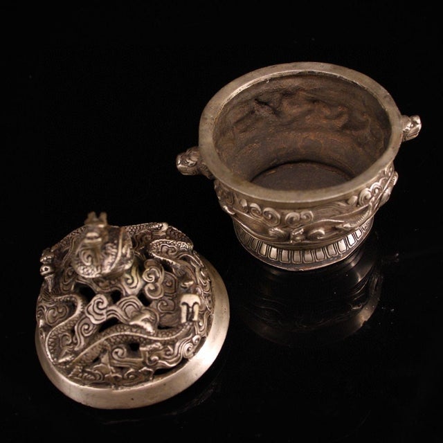 Asian Vintage Silver-Plated Bronze Incense Burner With Dragon Lid - Asian Censer For Sale - Image 3 of 8