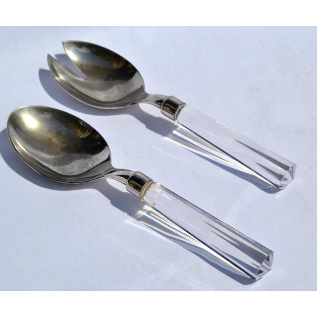 1960s Christofle Hotel Style Serving Silverplate Spoons Faceted Crystal Handle - Set of 2 For Sale - Image 12 of 12
