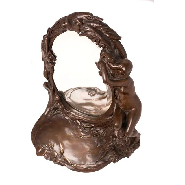 French Art Nouveau Bronze Table Top Mirror w/ Nude Female -c.1920s A beautiful piece that will add to your décor!