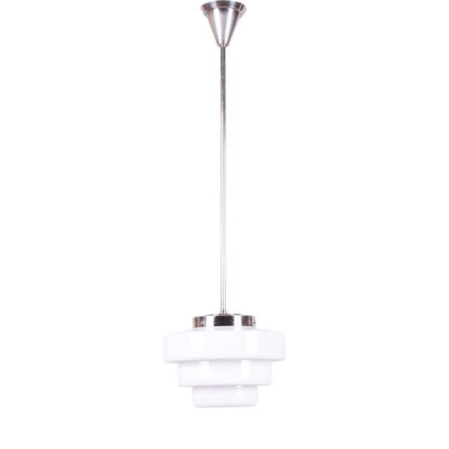 Art Deco Chandelier in Chrome-Plated Steel and Opaline Glass, Czech, 1920s For Sale