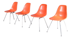 Dining Chairs in Orange Fiberglass on Chrome Metal H-Bases by Charles & Ray Eames for Herman Miller, USA, 1960s, Set of 4