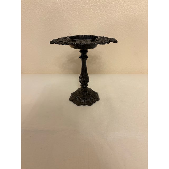 Vintage Gothic Black Cast Iron Pillar Candle Holder Stand-Ornate Open Work Tazza For Sale - Image 4 of 4