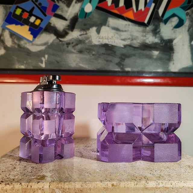 Vintage Crystal Smoking Set by Antonio Imperatore. Set of Two: Lighter and Ashtray. 1970s, Italy, Murano Glass. Excellent...