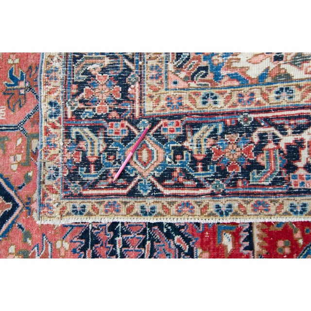 1930s Vintage Medallion Design Ink Blue Scarlet Red Low Pile Wool Hand-Knotted Rug - 7’5” X 10’7” For Sale - Image 9 of 10