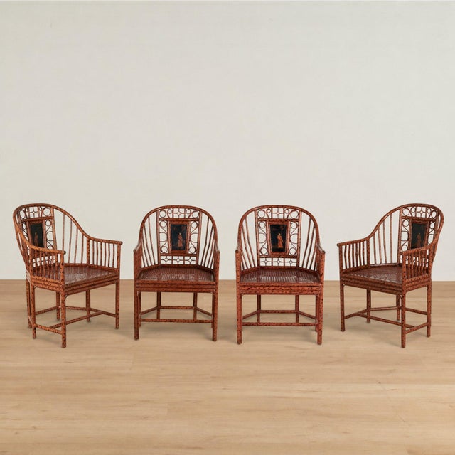 Standout set of four Brighton Pavillion style chairs crafted in faux burnt bamboo with removable cushion,caned seats and...