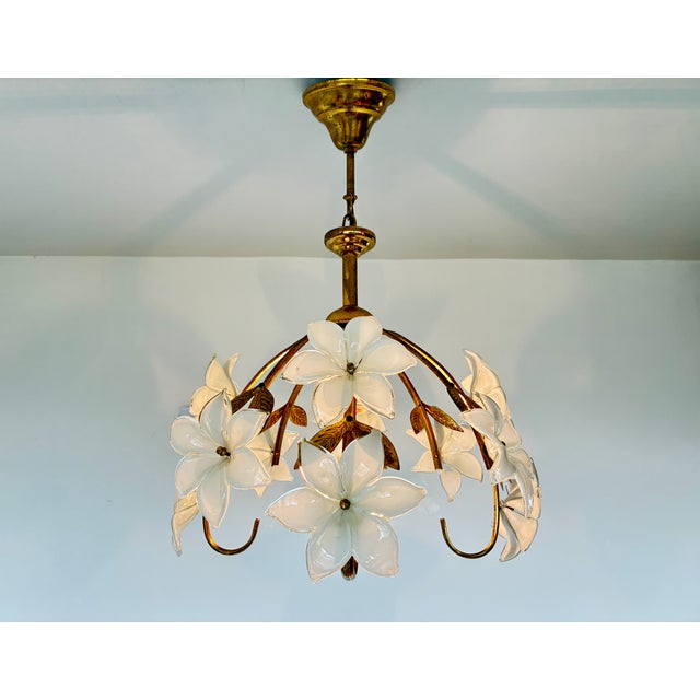 Pair Match Vintage Murano Style Glass Daisy Chandelier With Handcrafted White Floral Details For Sale - Image 11 of 13