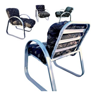 Vintage Atomic Age Wide Vinyl Strapped Aluminum Framed Dining Armchairs - Set of 4 For Sale