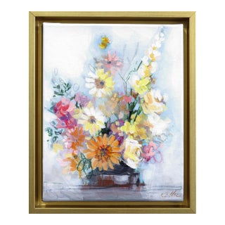 Flowers & Pottery - Framed Colorful Still Life Mixed Media Art on Canvas Original Artwork by Kellie Newsome For Sale