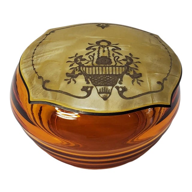 1940s Amber Glass Powder Jar With Celluloid Lid For Sale