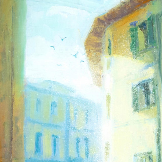 Pistoia Street by Christopher Clark | Oil and Acrylic on Wood Panel City street scene with buildings and figures. For Sale - Image 4 of 4