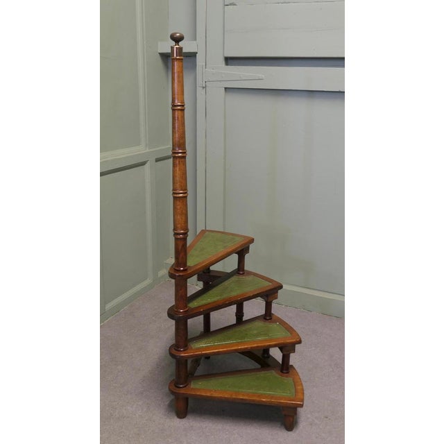Spiral Library Steps with Tooled Green Leather Treads, 1920 For Sale - Image 3 of 8